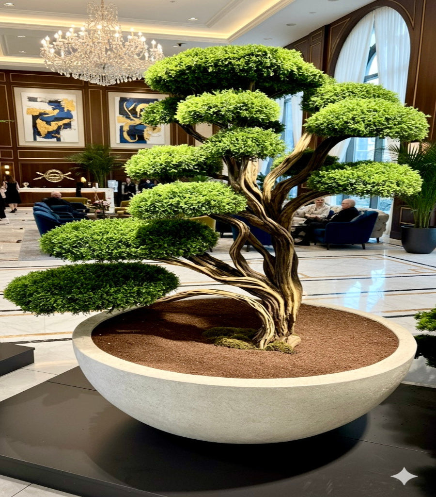 Decorative indoor plant in a large pot with a modern interior background